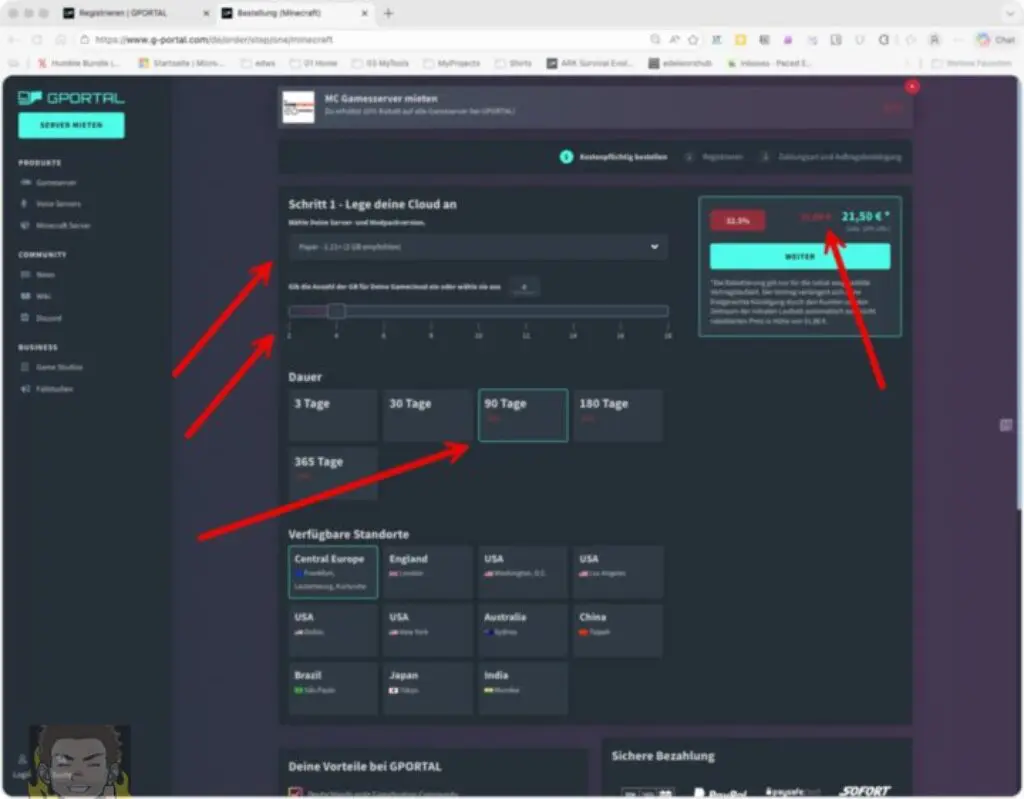 Screenshot einer GPORTAL-Server-Mietseite in deutscher Sprache, mit roten Pfeilen, die auf die Optionen zur Auswahl von 90 Tagen und eines Serverstandorts verweisen, sowie der Hervorhebung des Gesamtpreises von 21,56 € auf der rechten Seite.
