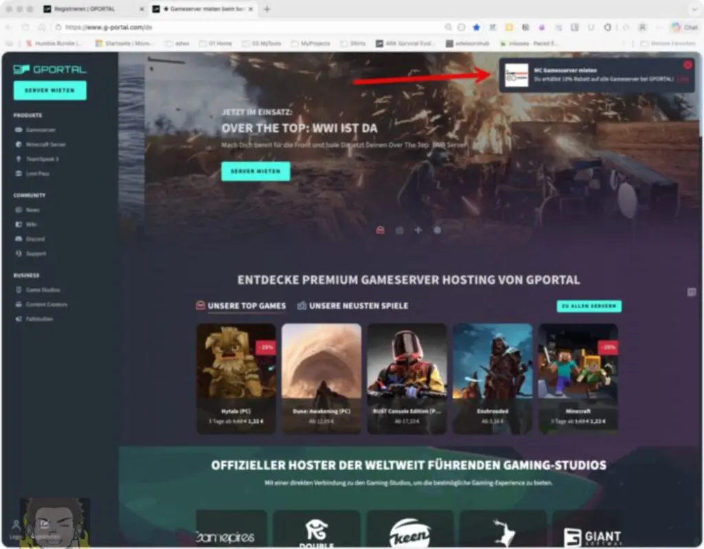 Screenshot der GPORTAL-Homepage mit Gameserver-Hosting-Diensten, einem großen Banner mit einer Schlachtfeldszene, Navigationsmenüs, Spielsymbolen und verschiedenen Schaltflächen. Ein roter Pfeil weist auf ein Pop-up in der oberen rechten Ecke hin.