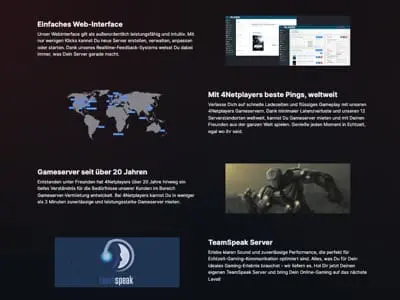 Eine deutschsprachige Website mit fünf Inhaltsblöcken, darunter Text, eine Weltkarte, ein Screenshot einer Weboberfläche, eine gepanzerte Figur und das TeamSpeak-Logo. Das Layout hat einen dunklen Hintergrund und ein modernes Design.