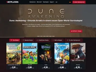Screenshot einer NETPLAYERS-Spiele-Website, auf der oben Dune: Awakening im oberen Bereich, mit Bildern und Preisen für Spiele wie Farming Simulator, Minecraft, Hytale, Palworld und Windrose darunter.