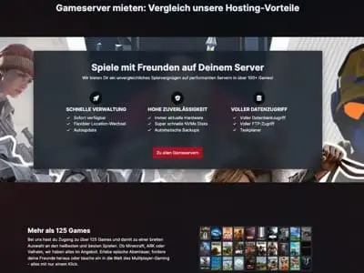 Screenshot einer deutschsprachigen Website für die Vermietung von Spieleservern, die Merkmale wie schnelle Verwaltung, hohe Zuverlässigkeit und vollständigen Datenzugriff zeigt. Hintergrundbilder verschiedener Spielcharaktere; darunter befinden sich Icons für über 125 angebotene Spiele.