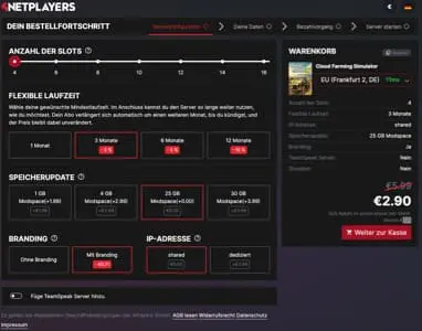 Screenshot einer Serverkonfigurationsseite auf Netplayers mit Optionen zur Auswahl von Slots, Abonnementdauer, Speicher-Updates, Branding und IP-Adresse, mit einer Warenkorbübersicht auf der rechten Seite.