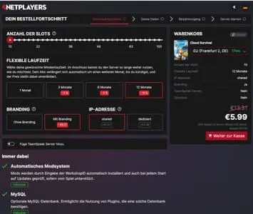 Ein Screenshot einer Netplayers-Server-Einrichtungsseite zeigt Optionen für Slot-Nummer, flexible Laufzeit, Branding, IP-Adresse, MySQL und einen Warenkorb mit ausgewählter Cloud Survival. Die Schnittstelle verwendet ein dunkles Thema mit weißen und roten Akzenten.