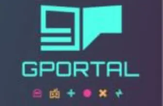 Ein blaugrünes Logo mit einem stilisierten G und einem Flaggenmuster über dem Text GPORTAL auf dunklem Hintergrund. Bunte Symbole (Schloss, Trophäe, Plus, Kreis und X) erscheinen unter dem Text.