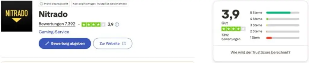 Nitrado-Profil auf einer Bewertungsseite mit einer Bewertung von 3,9/5 aus 7.592 Bewertungen. Ein Balkendiagramm zeigt die Verteilung der Bewertungen an, und mit den blauen Schaltflächen können Sie Ihre Nitrado-Erfahrungen teilen oder die Website besuchen.