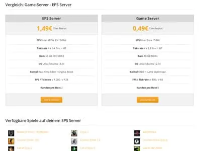 Eine Vergleichstabelle von zwei Spieleserver-Plänen mit Spezifikationen und Preisen: EPS Server für 1,49€/Slot/Monat und Game Server für 0,49€/Slot/Monat. Unten wird eine Liste der verfügbaren Spiele angezeigt.