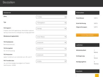 Screenshot eines deutschsprachigen Online-Bestellformulars für einen Teamspeak 3 Voiceserver mit Optionen für Slots, Typ, verschiedenen Einstellungen, einer Preisübersicht und einer gelben Schaltfläche In den Warenkorb.