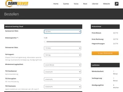 Screenshot eines Server-Bestellformulars auf der DawnServer-Website, das Optionen für Gameserver-Slots, Arbeitsbereich, Vertragstyp und Preise zeigt. Eine Seitenleiste zeigt die Preise pro Monat und die Laufzeiten an.