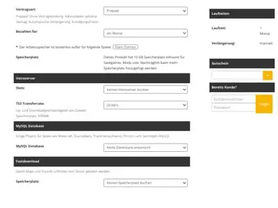Screenshot eines Webformulars für die Konfiguration eines Prepaid-Server-Tarifs mit Optionen für Zahlung, Speicherplatz, Sprachserver, Datenbank und FastDownload sowie Feldern für die Anmeldung und die Eingabe eines Gutscheincodes.
