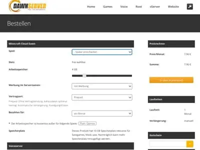 Screenshot einer Server-Hosting-Bestellseite mit dem Titel Bestellen mit Feldern zur Auswahl von Spiel, Slot-Nummer, RAM, Werbung, Vertragstyp, Zahlung, Vertragsdauer und zusätzlichen Optionen. Preisübersicht auf der rechten Seite.