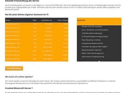 Screenshot einer deutschen Website, die Minecraft-Spielserver anbietet. Er zeigt eine Preisliste mit Serveroptionen, Funktionen in einem gelben Kasten, eine Bestellschaltfläche und einen Text, der die schnelle Aktivierung, das Online-Spiel und die Vorteile eines Minecraft-Servers beschreibt.