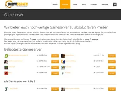 Screenshot einer deutschen Webseite für DawnServer, die für Gameserver-Hosting wirbt. Sie enthält ein Navigationsmenü, eine Überschrift über erschwingliche, hochwertige Gameserver und eine Liste beliebter Gameserver mit Preisen und Bestellbuttons.