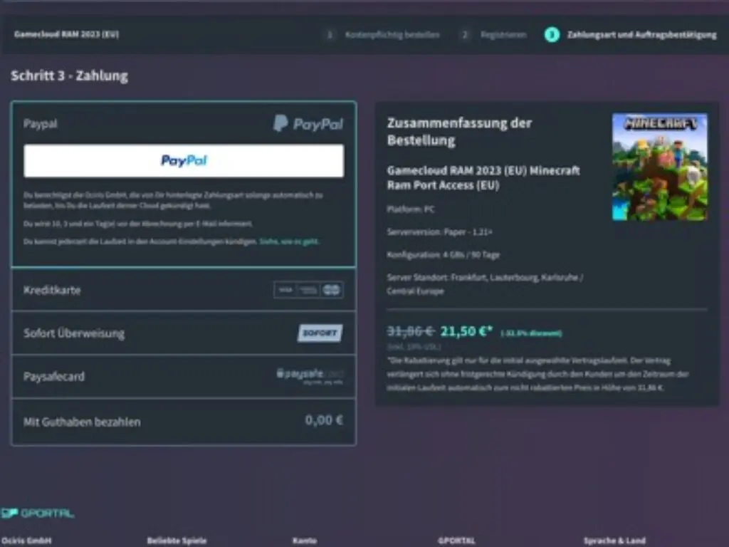 Eine Kassenseite für den Kauf von Gamecloud RAM 2023 (EU) Minecraft Ram Port Access auf GPORTAL, mit Zahlungsoptionen wie PayPal, Kreditkarte, Sofort, Paysafecard und Kontogutschrift, mit Bestellübersicht auf der rechten Seite.