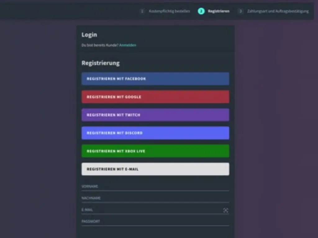 Eine Registrierungsseite mit düsterem Thema, auf der man sich über Facebook, Google, Twitch, Discord, Xbox Live oder E-Mail anmelden kann. Die Formularfelder unten umfassen Vorname, Nachname, E-Mail und Passwort.