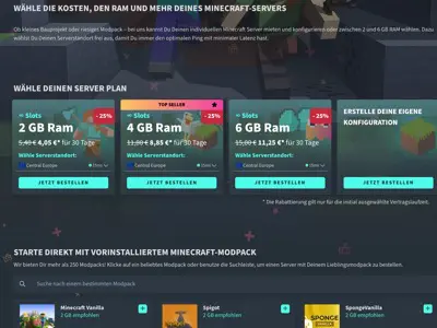 Eine Webseite mit Minecraft-Server-Hosting-Optionen mit verschiedenen RAM-Größen und Preisen, einschließlich Schaltflächen zum Bestellen und einem Abschnitt für vorinstallierte Minecraft-Modpacks am unteren Rand.