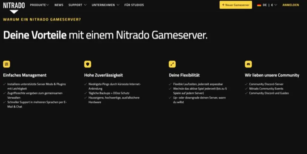 Ein Abschnitt der Nitrado-Webseite mit vier Spalten, in denen die Vorteile von Nitrado-Gameservern aufgeführt sind, darunter einfache Verwaltung, hohe Zuverlässigkeit, Flexibilität und eine unterstützende Community. Der Text steht auf schwarzem Hintergrund mit gelben Hervorhebungen.