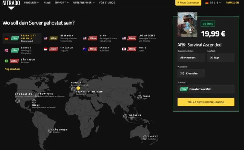 Screenshot der Server-Hosting-Seite von Nitrado mit Server-Standortoptionen auf einer Weltkarte, Preisdetails und Konfiguration für das Hosting von ARK: Survival Ascended mit 20 Slots für 19,99 € pro 30 Tage.