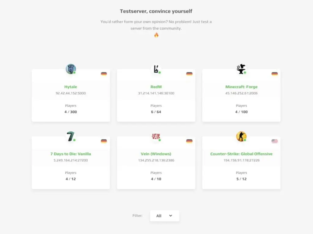 Auf einer Webseite wird eine Liste von sechs Spielservern angezeigt, jeweils mit dem Titel des Spiels, der IP-Adresse, dem Flaggensymbol und der Spielerzahl. Zu den Spielen gehören Hytale, RedM, Minecraft: Forge, 7 Days to Die Vanilla, Vein, und Counter-Strike: Global Offensive.
