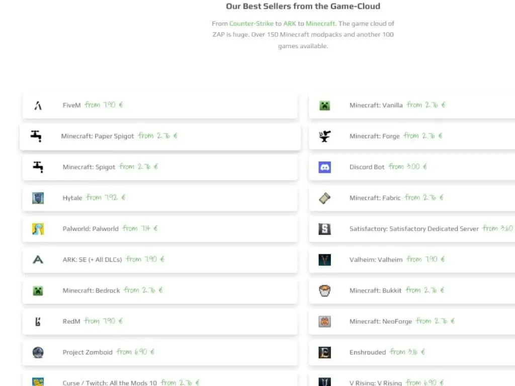 Eine Webseite, die eine Liste der meistverkauften Spieleserver und Mods mit ihren Preisen in Euro anzeigt. Spieltitel wie FiveM, Minecraft, Discord Bot und Project Zomboid werden neben grünen Preisschildern angezeigt.