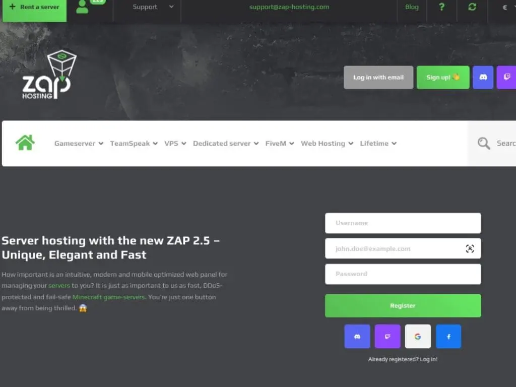 Screenshot der Anmelde- und Registrierungsseite der ZAP-Hosting-Website mit Feldern für Benutzernamen und E-Mail, einer Schaltfläche zum Registrieren und Navigationsmenüs für Server-Hosting-Dienste im oberen Bereich.