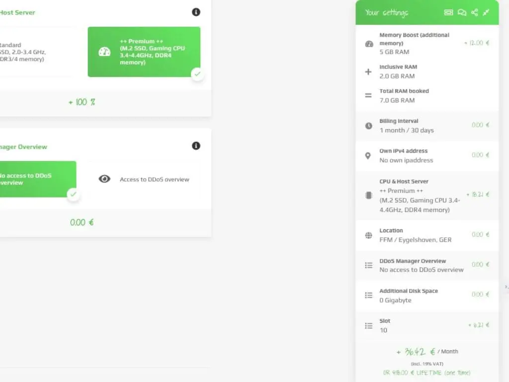 Eine Webseite zeigt eine Auswahl an Server-Hosting-Tarifen mit Preisen und Optionen. Auf der rechten Seite finden Sie eine Zusammenfassung mit Merkmalen wie 5 GB RAM, 7 GB SSD, 1-monatige Abrechnung, Standort in Deutschland und monatliche Gesamtkosten am unteren Rand.