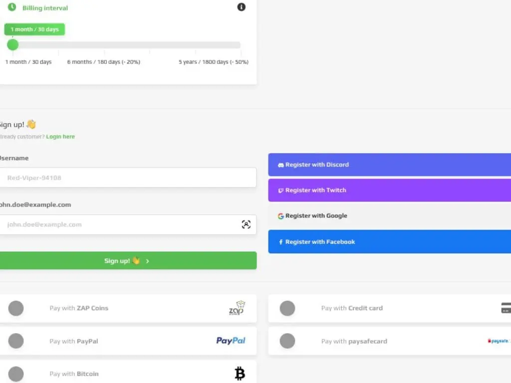 Eine Website-Anmeldeseite mit einem Abschnitt für das Abrechnungsintervall, Feldern für den Benutzernamen und die E-Mail-Adresse, einer grünen Schaltfläche "Sign up!", Optionen für die Registrierung mit Discord, Twitch, Google, Facebook und den unten aufgeführten Zahlungsmöglichkeiten.