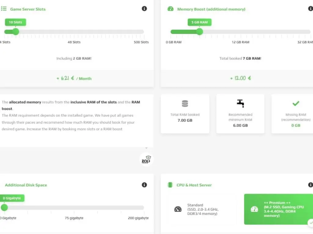 Eine Webschnittstelle mit Optionen zur Konfiguration eines Spieleservers: 19 Steckplätze, 7 GB Speicherplatz, zusätzliche Festplattenoptionen und ein Standard-CPU/Host-Server mit monatlichen Preisangaben und empfohlenen Speicherindikatoren.