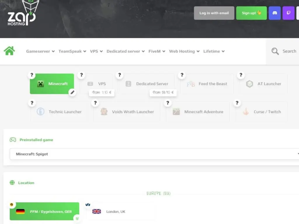 Das Dashboard der Website von ZAP-Hosting zeigt die Optionen für das Hosten von Spieleservern an, darunter Minecraft, VPS und dedizierte Server. Die Minecraft-Option ist hervorgehoben, und die Standortoptionen umfassen Deutschland und Großbritannien.