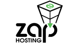 Logo für Zap Hosting mit einem 3D-Würfel mit einem grünen Symbol an der Spitze, über den Worten zap HOSTING in fetter schwarzer Schrift, mit einem grünen Dreieck Akzent über dem p.