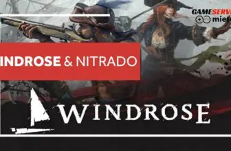 Zwei Piratenfiguren, von denen eine eine Muskete auf sich richtet, stehen auf einem Schiff. Der Text lautet „Windrose Nitrado“, darüber sind Logos zu sehen und darunter ein stilisiertes Schiffslogo sowie der Titel „Windrose“.