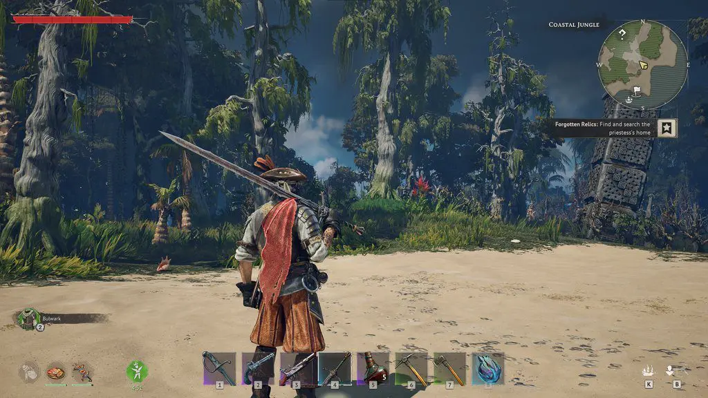 Eine Videospielfigur in Piratenkleidung steht mit einem Schwert in der Hand an einem Sandstrand und blickt auf einen dichten Dschungel. Auf dem Bildschirm sind neben den Gegenständen im Inventar auch HUD-Elemente des Spiels zu sehen, darunter die Windrose-Karte und Informationen zum Nitrado-Server.