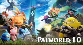 Vor einem hohen Turm stehen sich bunte Kreaturen und Figuren gegenüber, wobei eine gelbe Kreatur eine Minigun schwingt. Unten rechts ist das „Palworld 1.0“-Logo zu sehen, das die Spannung rund um den Steam-Sommer-Sale unterstreicht.