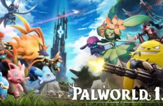 Vor einem hohen Turm stehen sich bunte Kreaturen und Figuren gegenüber, wobei eine gelbe Kreatur eine Minigun schwingt. Unten rechts ist das „Palworld 1.0“-Logo zu sehen, das die Spannung rund um den Steam-Sommer-Sale unterstreicht.