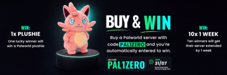 Ein rosa Palworld-Plüschtier auf einem Ständer; der Text wirbt damit, dass man das Plüschtier oder zusätzliche Serverzeit gewinnen kann, wenn man den Code PAL1ZERO beim Kauf eines Palworld-Servers bei ZAP-Hosting verwendet. Die Aktion läuft bis zum 31. Juli.