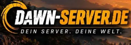 Logo mit fettgedrucktem Schriftzug „DAWN-SERVER.DE“ in Weiß und Orange vor einer Berglandschaft bei Sonnenuntergang, das die Energie eines sommerlichen Spiel-Specials einfängt. Darunter steht in weißen Großbuchstaben „DEIN SERVER. DEINE WELT.“.