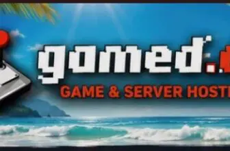 Ein Strand mit Wellen und Palmen; ein Joystick-Symbol und der Text „gamed.de GAME & SERVER HOSTING“ erscheinen in fetter, pixeliger Schrift und heben das gamed-Sommer-Special hervor.