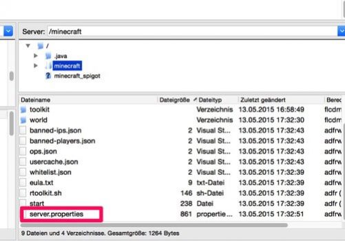 minecraft-server-properties mit FTP Client öffnen