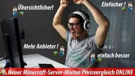 Ein junger Mann mit Kopfhörern feiert aufgeregt an seinem Computer. Der deutsche Text hebt die Vorteile hervor: Übersichtlicher!, Einfacher!, Mehr Anbieter!, einfach besser. Das Banner lautet: Neue Minecraftserver Preisliste und Server-Mieten Preisvergleich ONLINE.