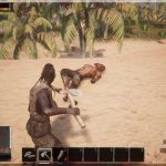 Conan Exiles : Der erste Kampf gegen einen NSC ist bestanden , zerstückelt liegt der Gegner am Boden und meine Heldin steht mit der blutigen Axt über ihm