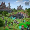 Eine lebendige Minecraft-Szene zeigt viele Spieler mit verschiedenen Skins, die auf grasbewachsenem Gelände versammelt sind, einige kämpfen mit verzauberten Waffen und magischen Effekten in der Nähe von Burgen und einer Höhle, alle genießen einen Minecraft-Server lagfrei, mit TPS- und Ping-Statistiken in der Ecke angezeigt.