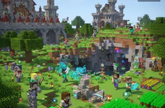 Eine lebendige Minecraft-Szene zeigt viele Spieler mit verschiedenen Skins, die auf grasbewachsenem Gelände versammelt sind, einige kämpfen mit verzauberten Waffen und magischen Effekten in der Nähe von Burgen und einer Höhle, alle genießen einen Minecraft-Server lagfrei, mit TPS- und Ping-Statistiken in der Ecke angezeigt.