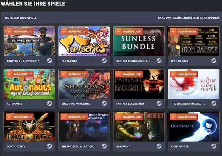 Humble-Choice Oktober 2020 (Screenshot Humble-Bundle)