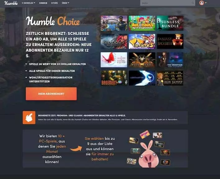 HumbleB Choice hat regelmäßig gute Games und das als Überraschung für dich im Abo zum Sparpreis und mit aktiven Choice Abo gibts bis 20% zusätzlich im Store(Screenshot Humble-Bundle)
