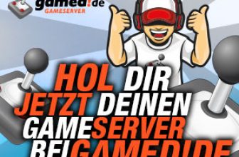 gamed.de gameserver Comic Junge, Joystick und Slogan