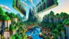 Minecraft Server RAM Empfehlung pro Spieler - Bild zeigt eine Minecraft Welt mit Bäumen , Berge und See darübner schweben 2 RAM-Bausteine
