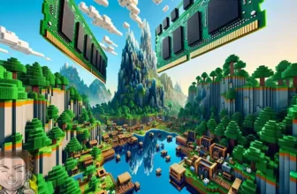 Minecraft Server RAM Empfehlung pro Spieler - Bild zeigt eine Minecraft Welt mit Bäumen , Berge und See darübner schweben 2 RAM-Bausteine