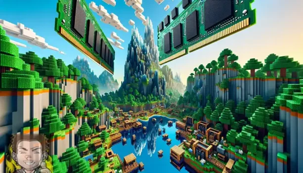 Minecraft Server RAM Empfehlung pro Spieler - Bild zeigt eine Minecraft Welt mit Bäumen , Berge und See darübner schweben 2 RAM-Bausteine