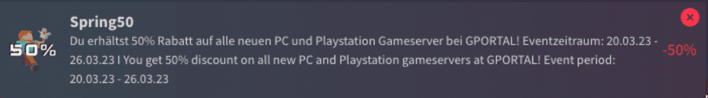 50% gportal frühlings-rabatt 2023 auf alle pc- und ps4/5 gameclouds gameserver mieten | 1 GPORTAL FRÜHLINGS-RABATT 2023 Banner von 50%