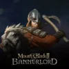 Ein mittelalterlicher Krieger in Helm und Rüstung reitet auf einem weißen Pferd und schwingt eine Streitaxt. Darunter ist der Titel Mount & Blade II: Bannerlord zu sehen - die perfekte Inspiration für alle, die Mount & Blade Server für epische Schlachten mieten wollen.