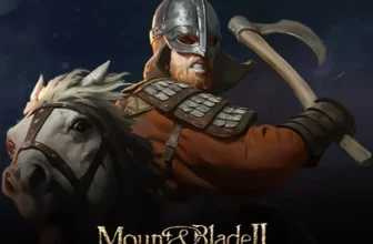 Ein mittelalterlicher Krieger in Helm und Rüstung reitet auf einem weißen Pferd und schwingt eine Streitaxt. Darunter ist der Titel Mount & Blade II: Bannerlord zu sehen - die perfekte Inspiration für alle, die Mount & Blade Server für epische Schlachten mieten wollen.